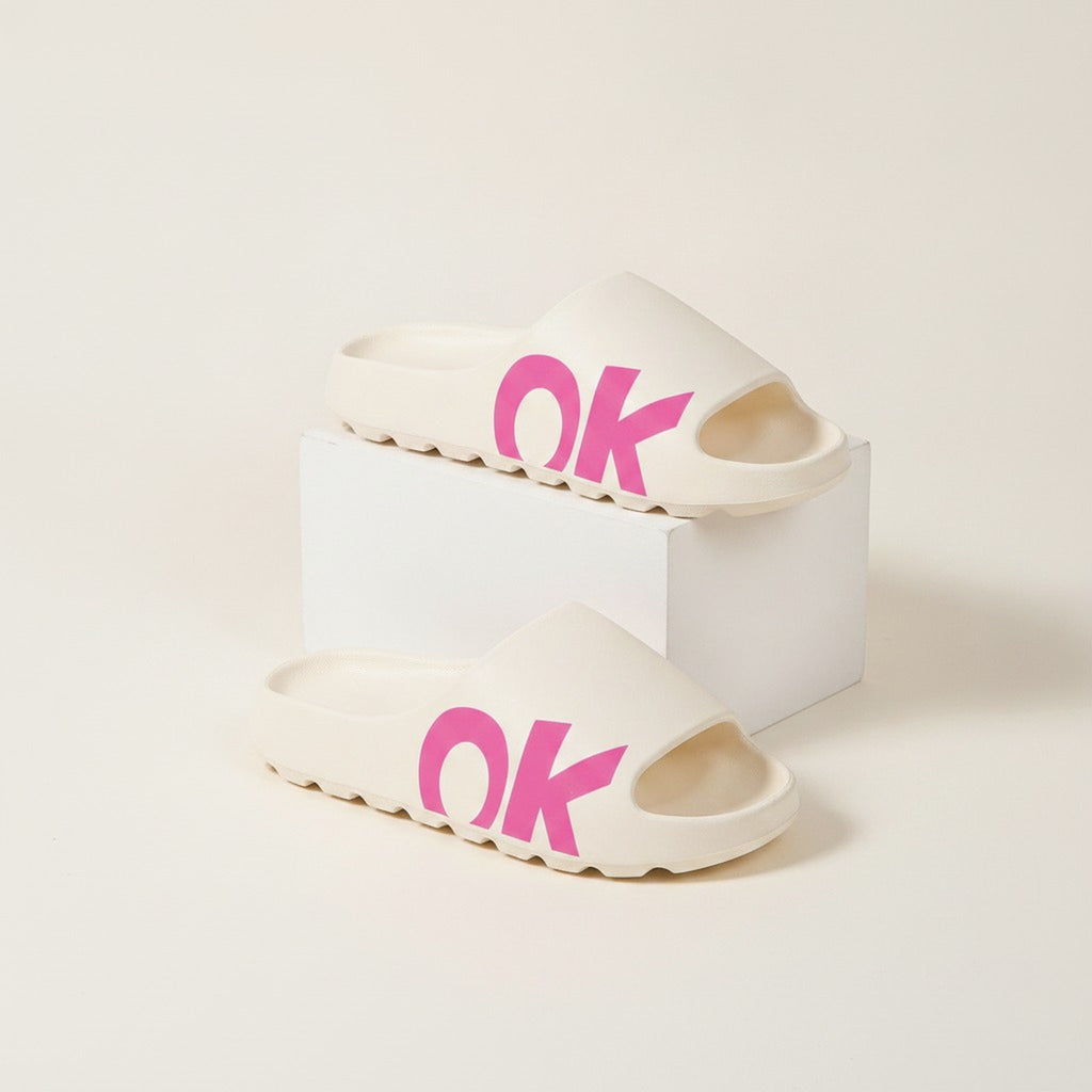 White OK Letter Print Cushion Slide Slippers