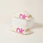 White OK Letter Print Cushion Slide Slippers