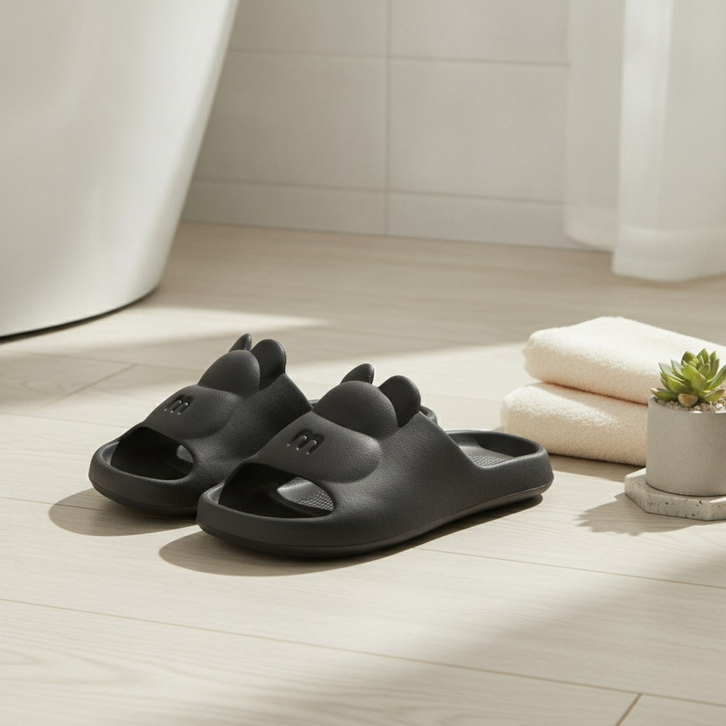 Black Cute Bear Ears Soft Pillow Slides