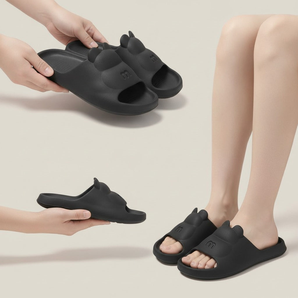Black Cute Bear Ears Soft Pillow Slides