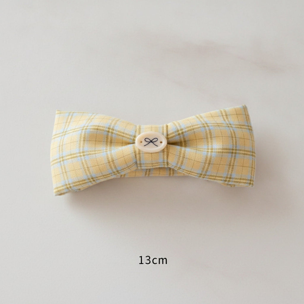 Headband With Bow Charm Detail - Blue Yellow Plaid Wide Headband Cream Butterfly Tag