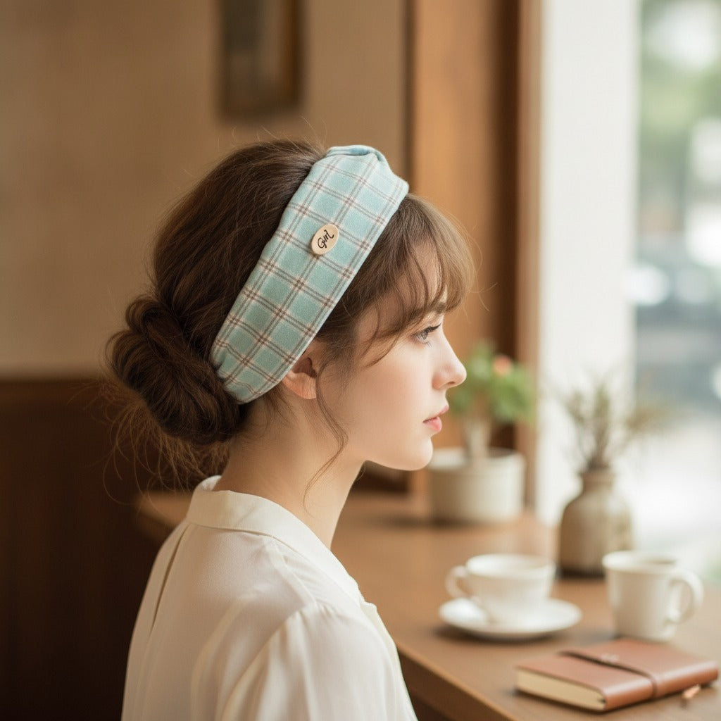 Headband With Bow Charm Detail - Green Plaid Wide Headband with Cream Bow – hair accessories (view 2)