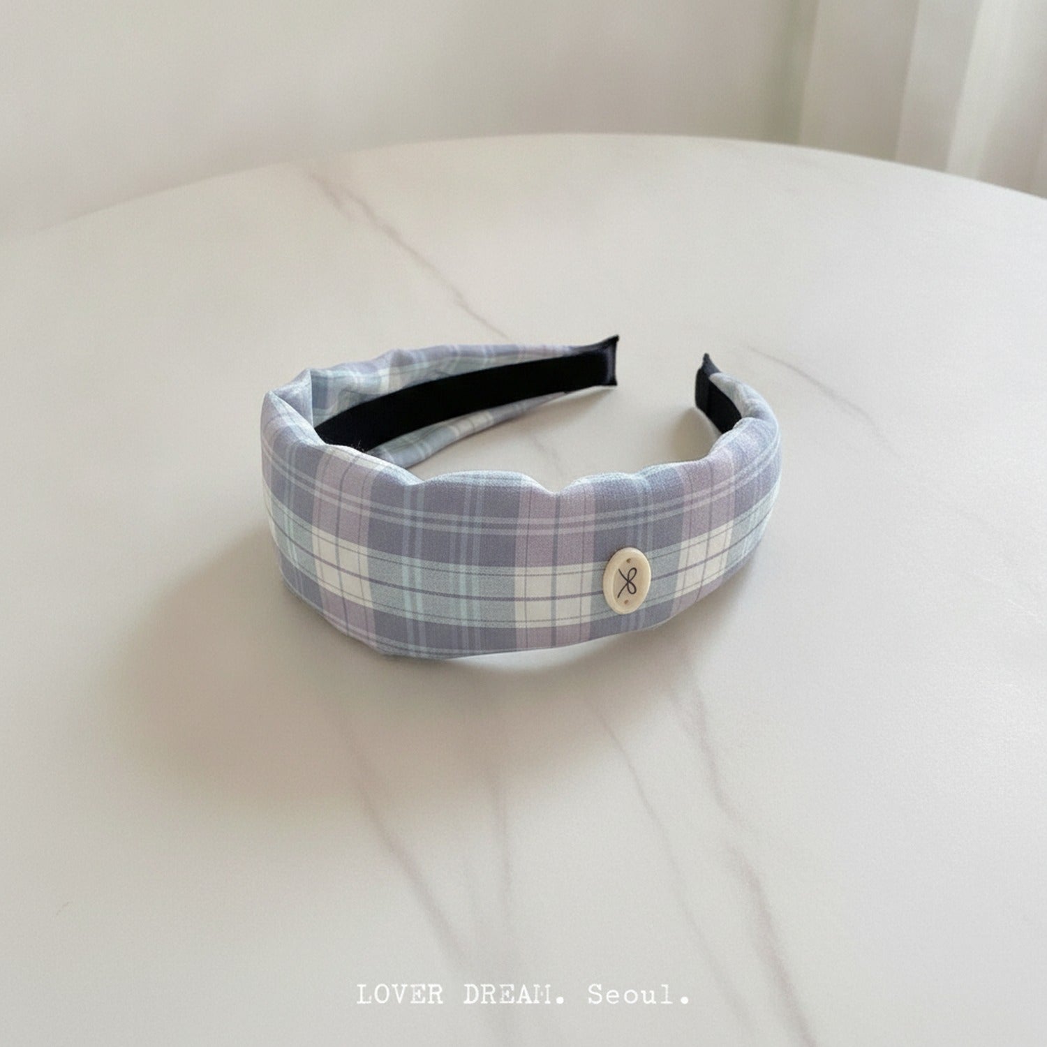 Headband With Bow Charm Detail - Green Plaid Wide Headband with Cream Bow