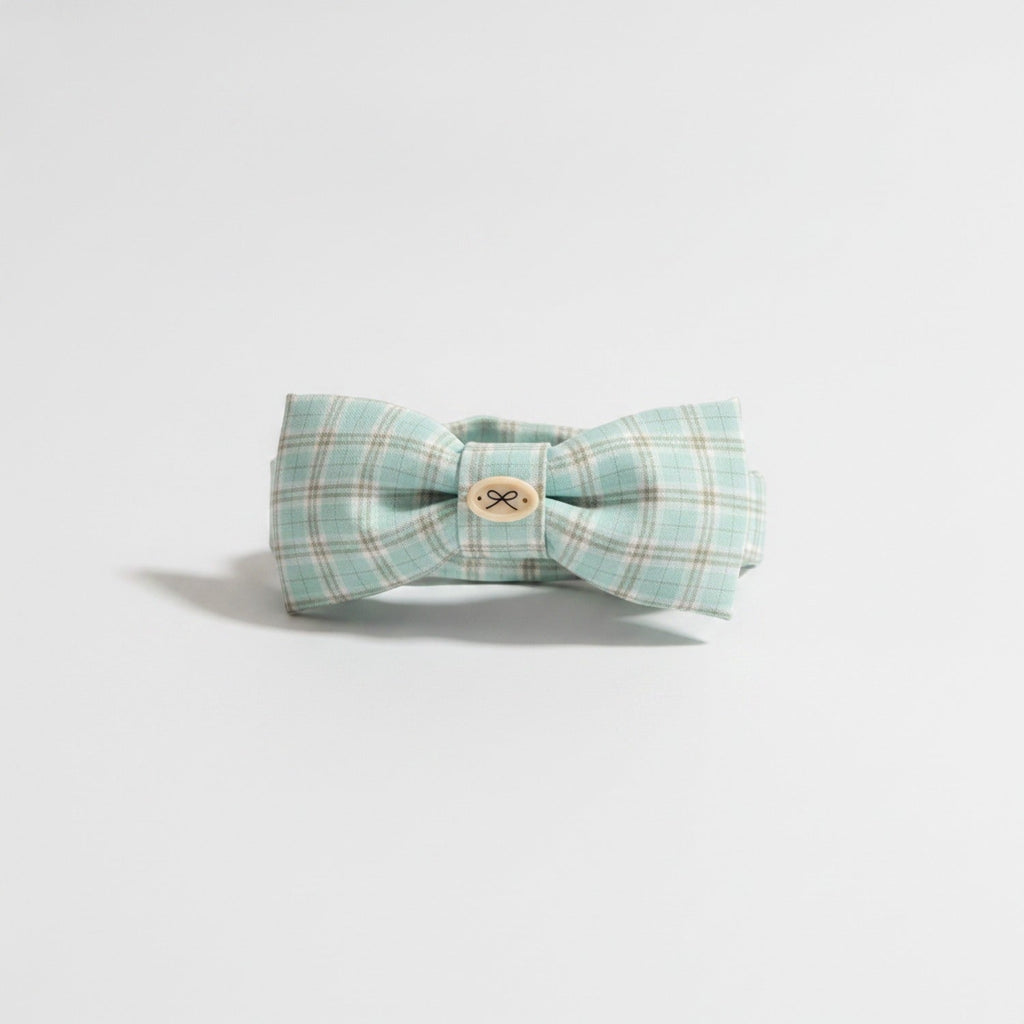 Headband With Bow Charm Detail - Green Plaid Wide Headband with Cream Bow