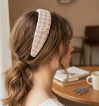 Headband With Bow Charm Detail - Yellow Purple Checkered Wide Headband with Cream Butterfly Bow – hair accessories (view 2)