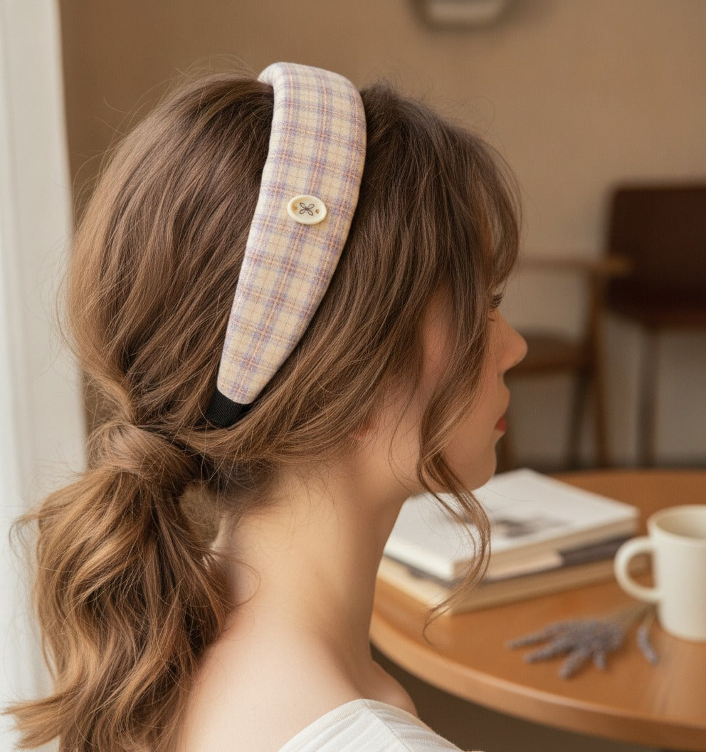 Headband With Bow Charm Detail - Yellow Purple Checkered Wide Headband with Cream Butterfly Bow – hair accessories (view 2)