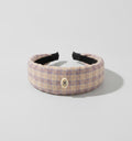 Headband With Bow Charm Detail - Yellow Purple Checkered Wide Headband with Cream Butterfly Bow – hair accessories (view 1)