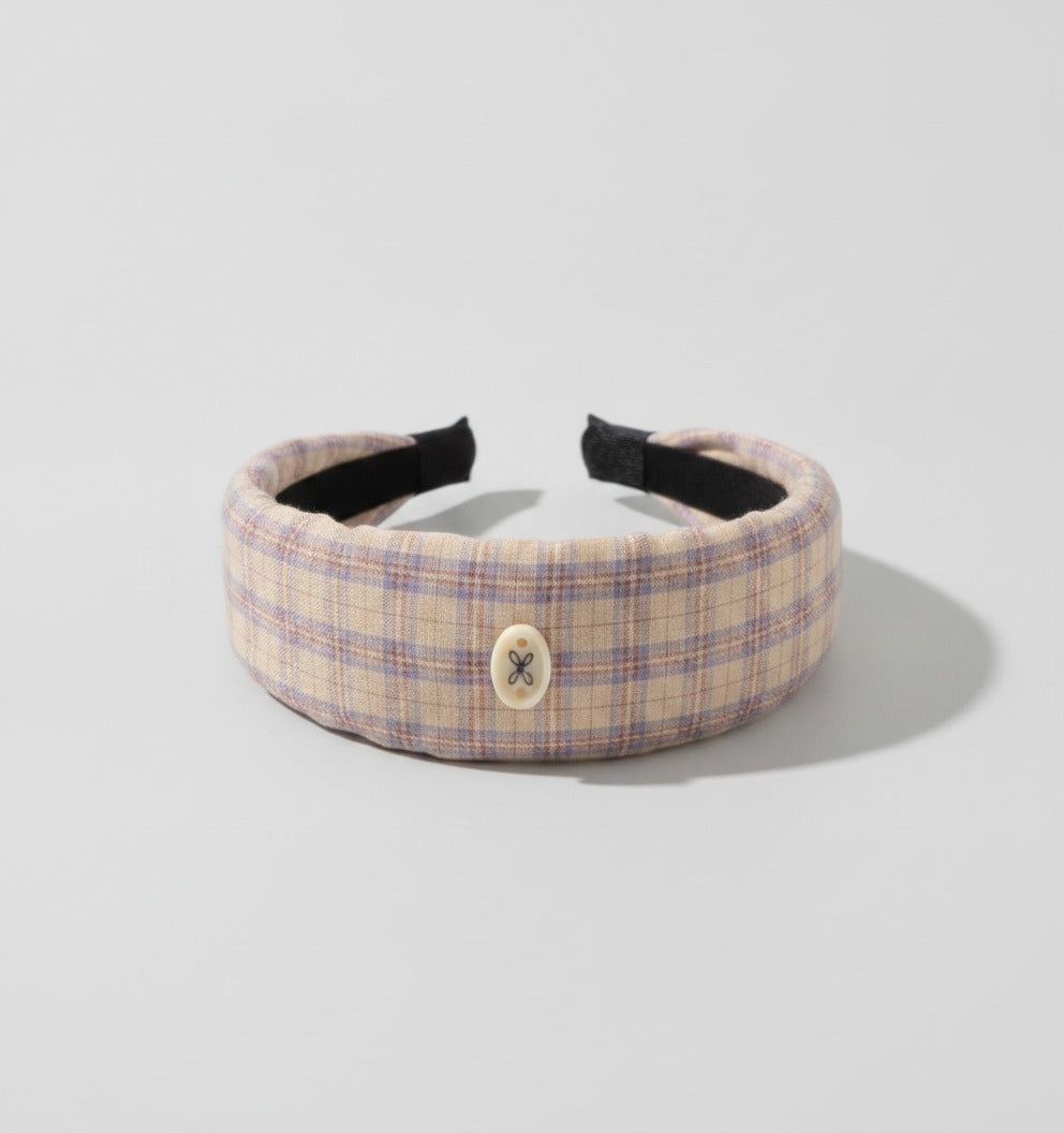 Headband With Bow Charm Detail - Yellow Purple Checkered Wide Headband with Cream Butterfly Bow – hair accessories (view 1)