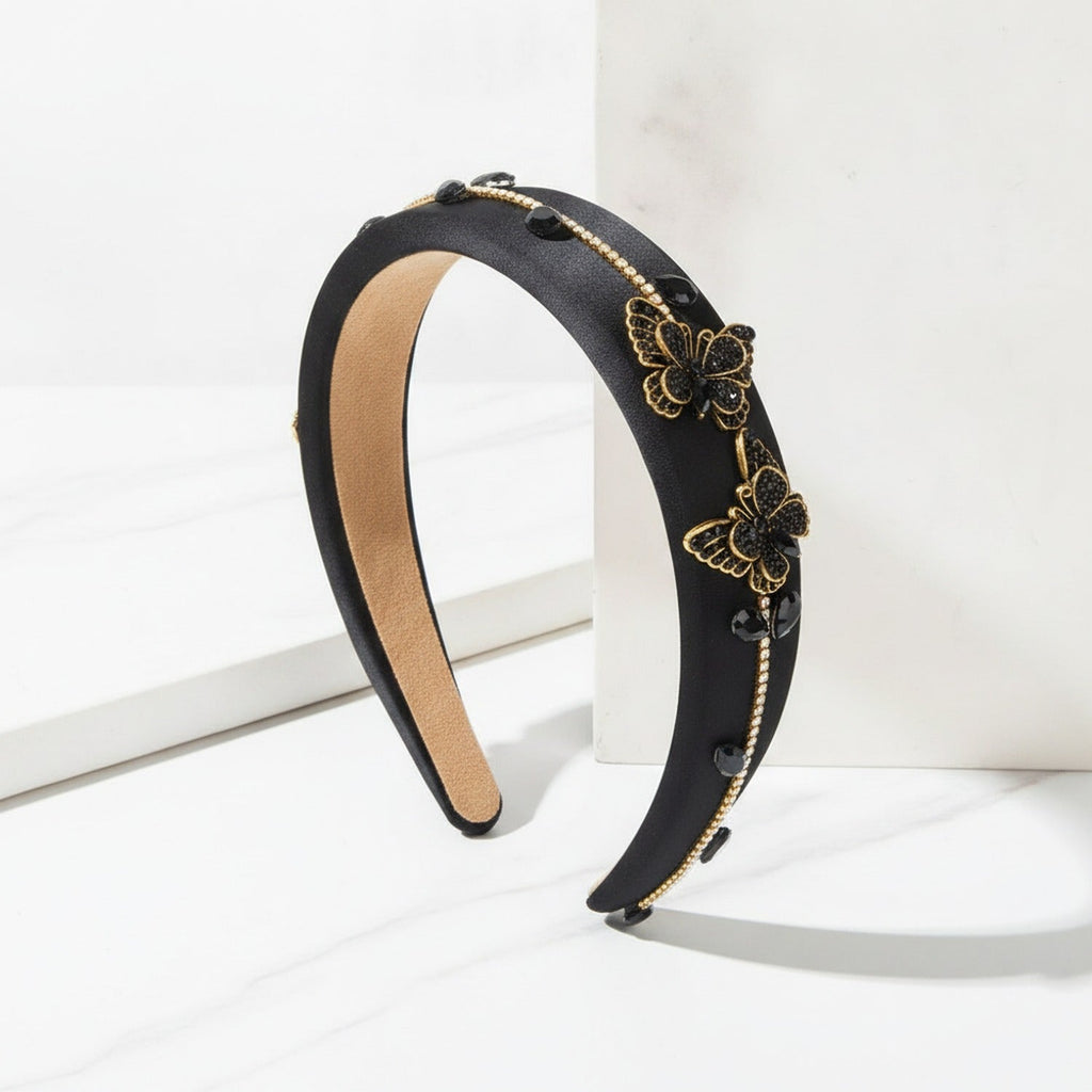 Velvet Butterfly Embellished Padded Headband - Black