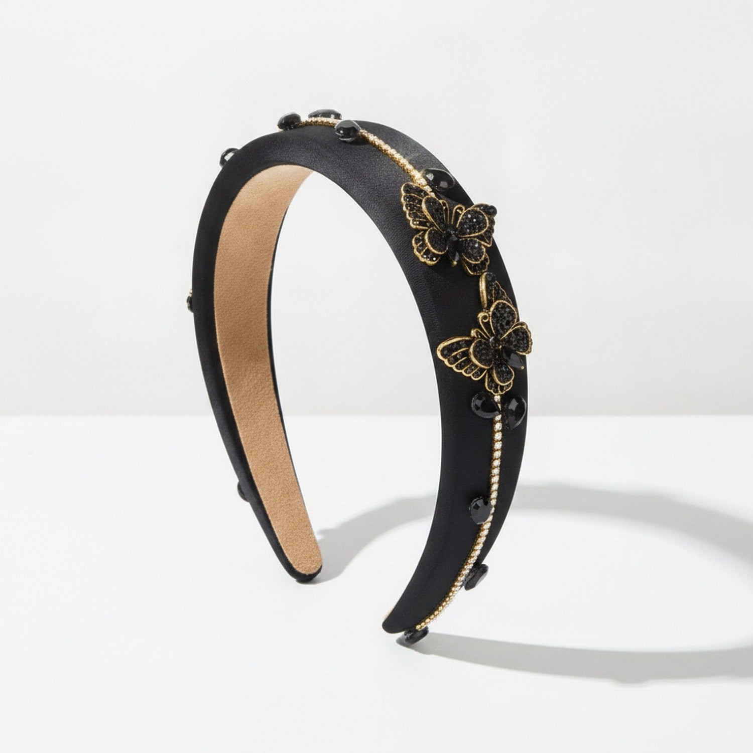 Black Velvet Butterfly Embellished Padded Headband - Black