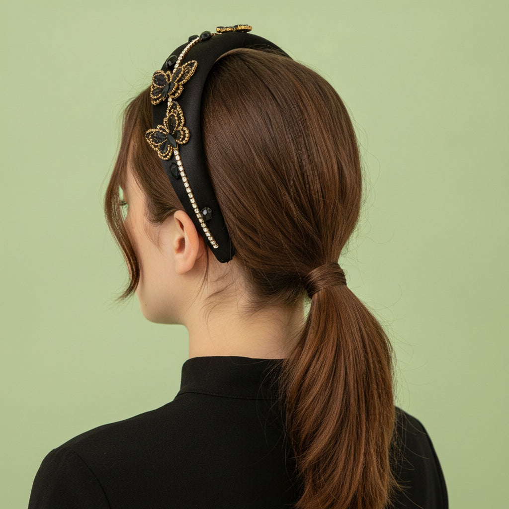 Velvet Butterfly Embellished Padded Headband - Black – hair accessories (view 2)