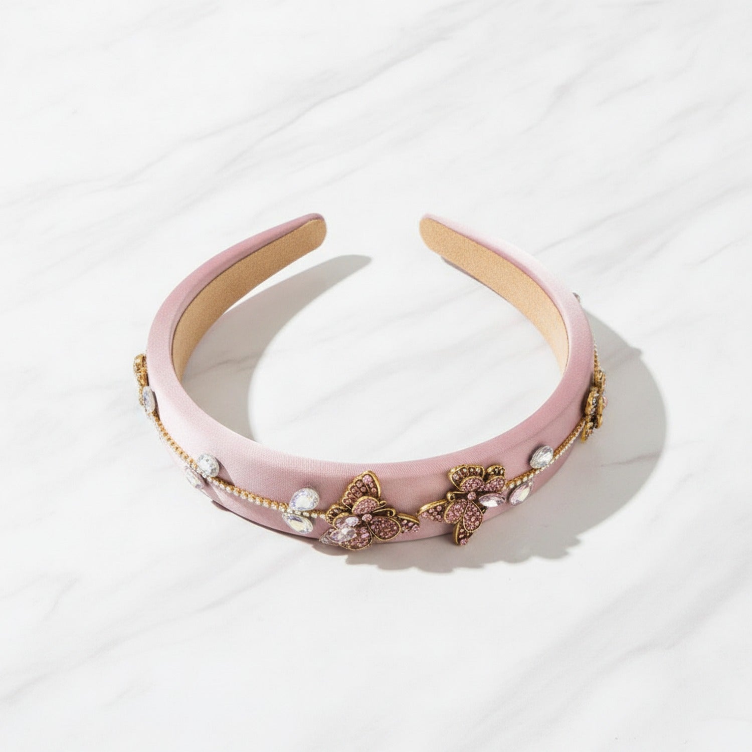 Black Velvet Butterfly Embellished Padded Headband - Pink