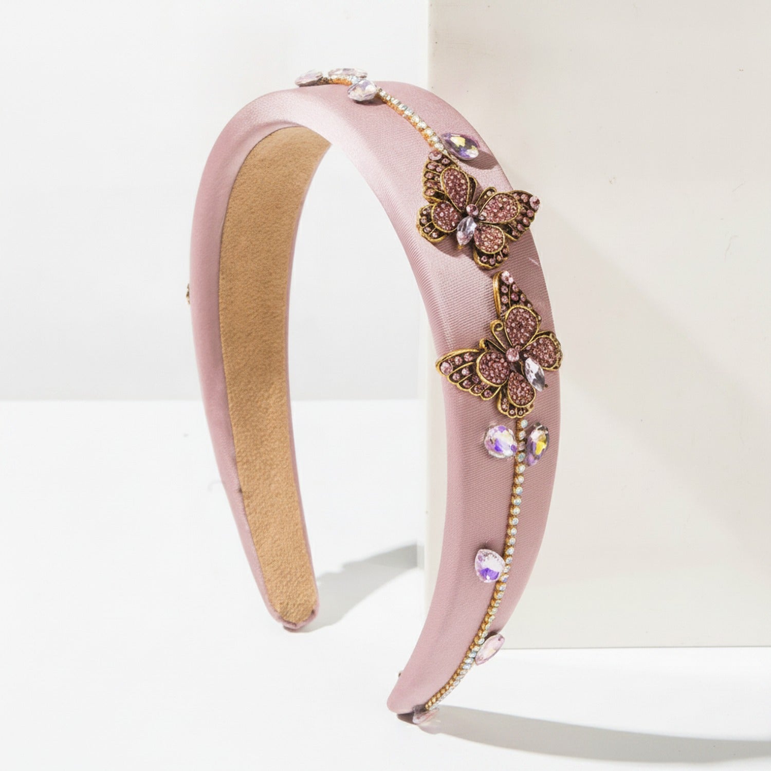 Black Velvet Butterfly Embellished Padded Headband - Pink