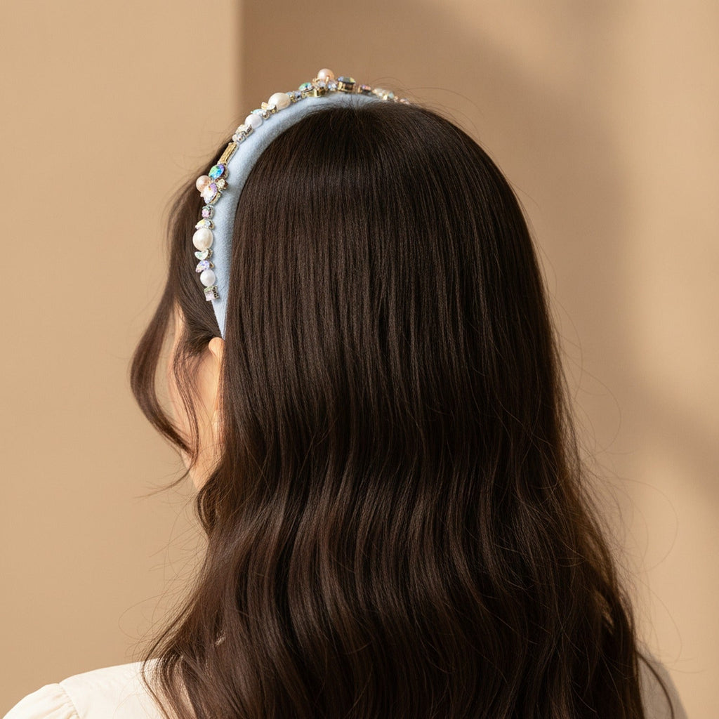 Pearl Beaded Rhinestone Headband - Blue