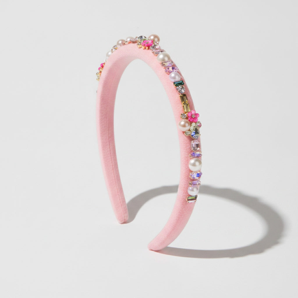 Pearl Beaded Rhinestone Headband - Pink