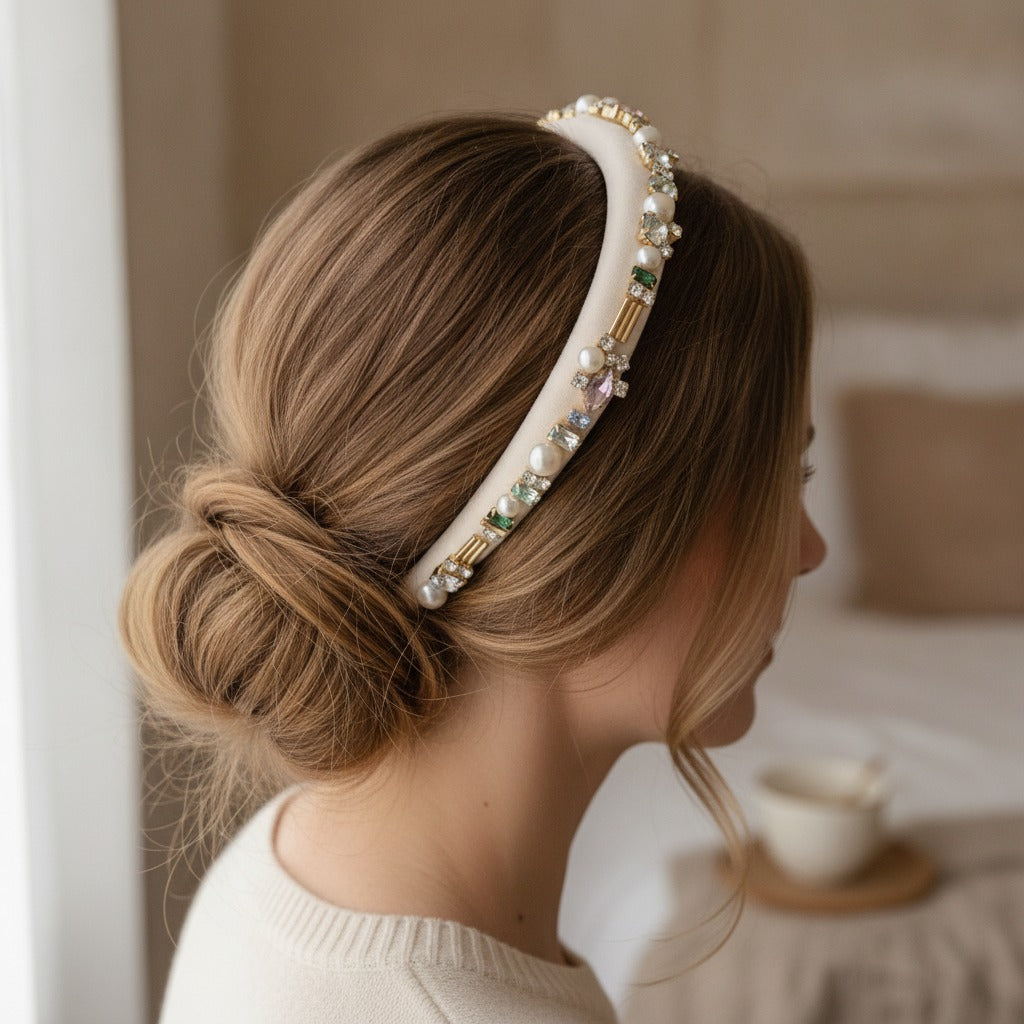 Pearl Beaded Rhinestone Headband - White – hair accessories (view 2)