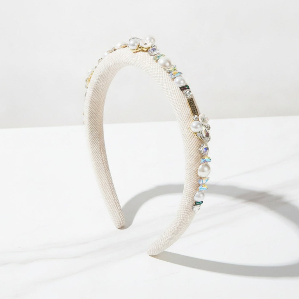 Pearl Beaded Rhinestone Headband - White