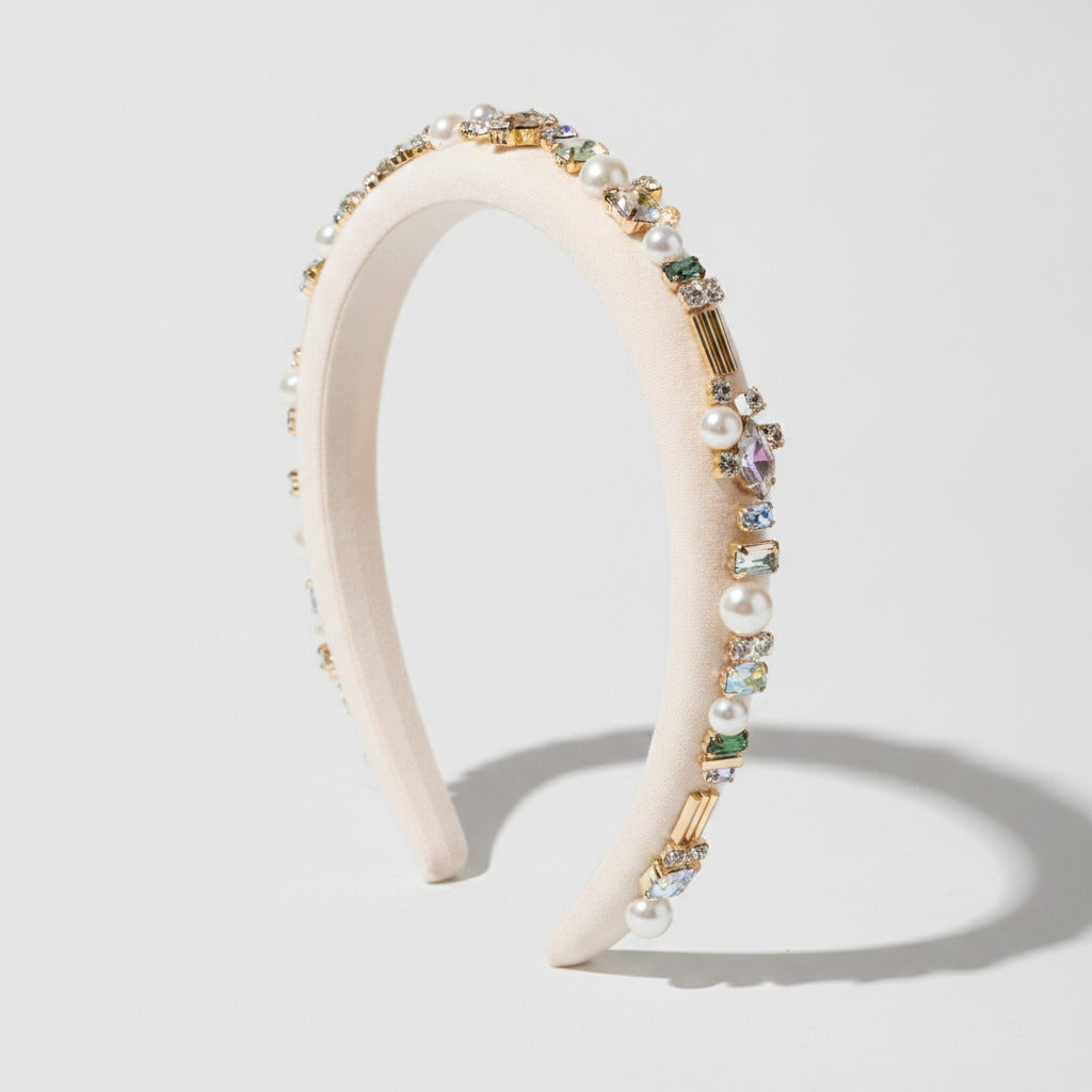 Pearl Beaded Rhinestone Headband - White – hair accessories (view 1)