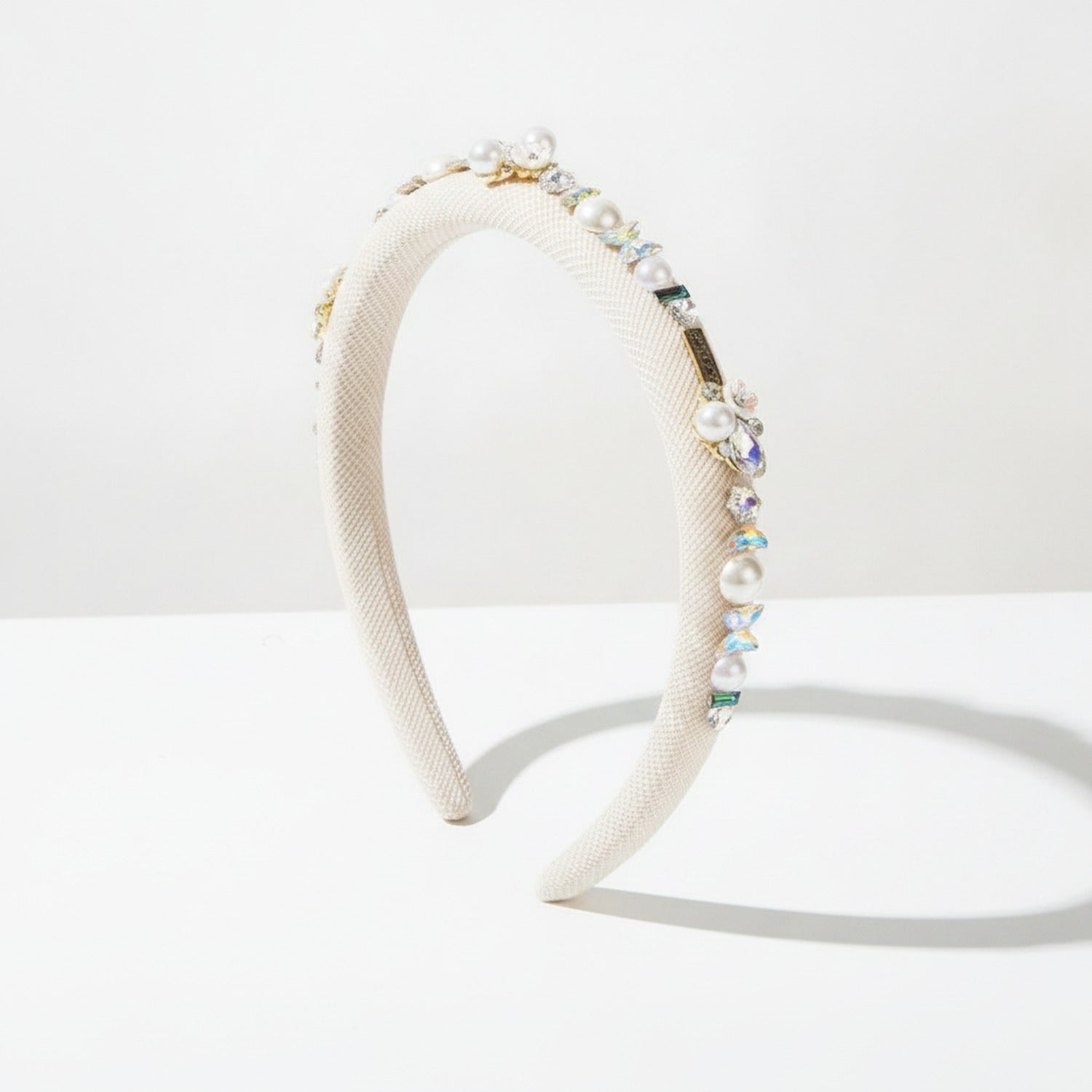 Pearl Beaded Rhinestone Headband - White