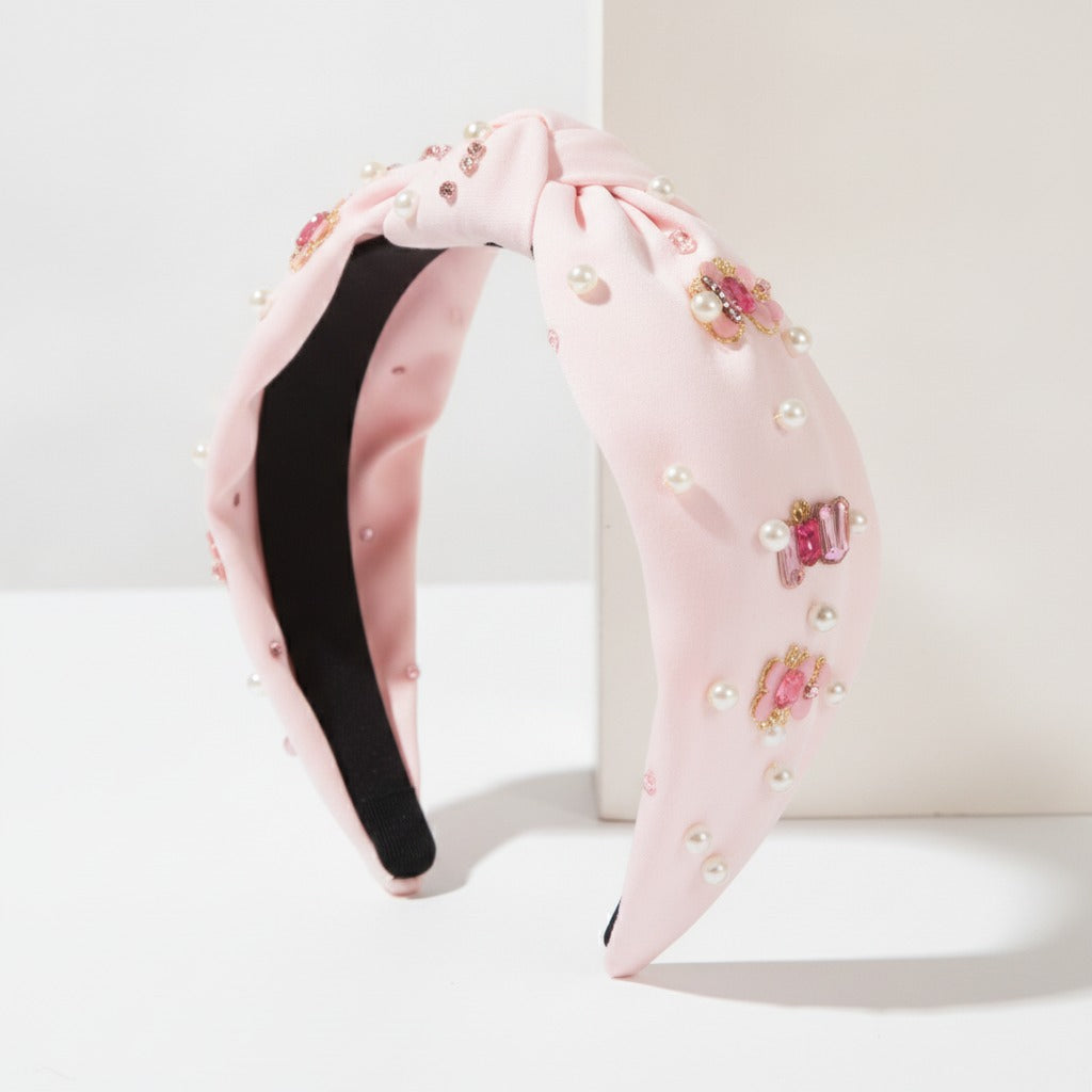 Pink Padded Headband With Beaded Floral Embellishments – hair accessories (view 1)