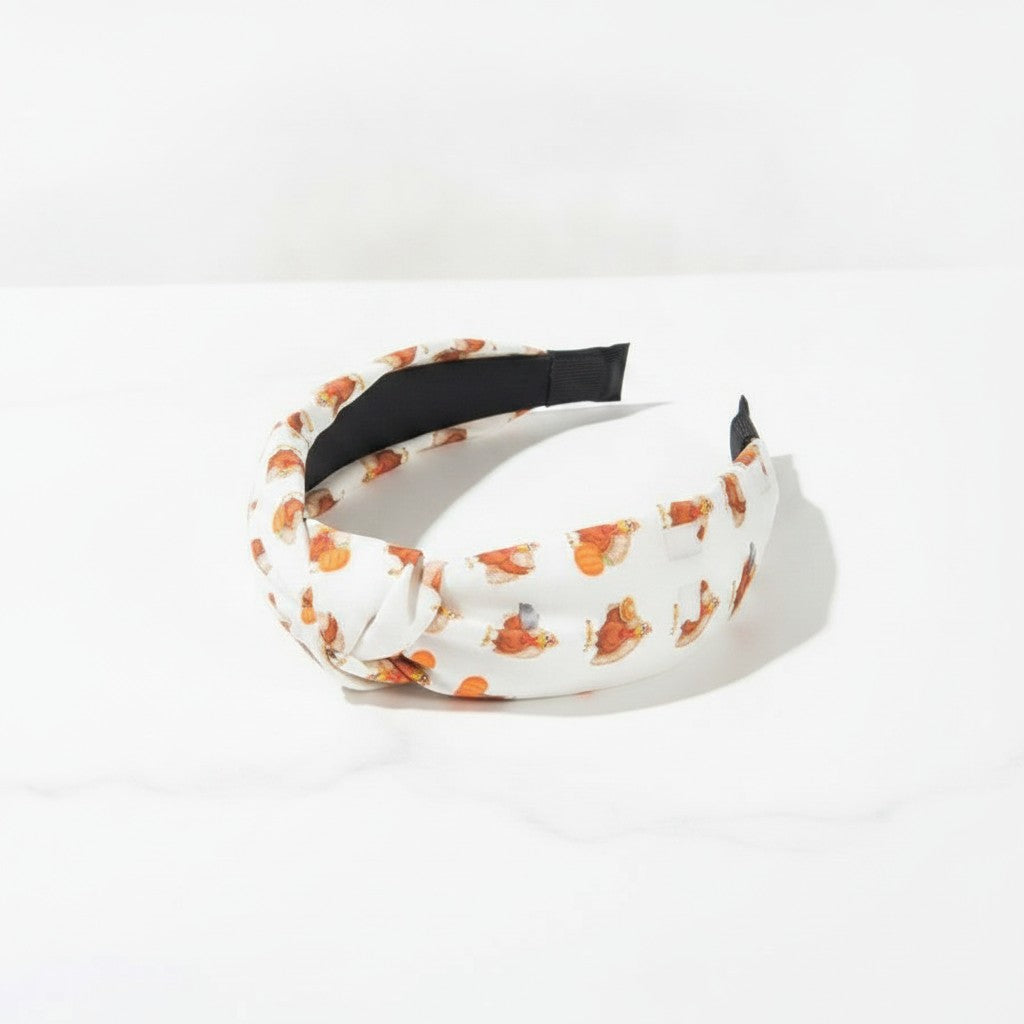 Orange Floral Padded Headband With Black Trim