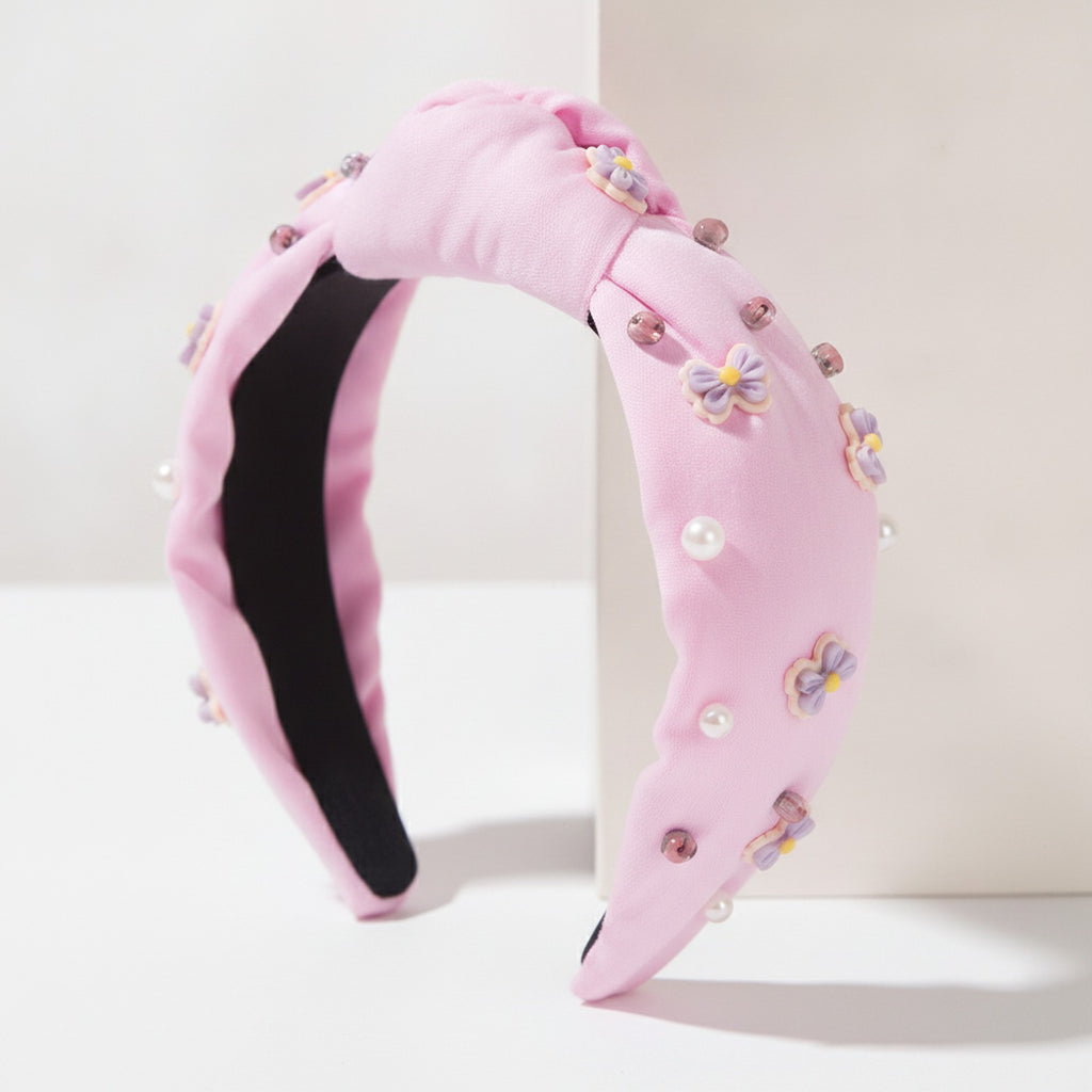 Padded Headband With Floral Beaded Charms - Pink – hair accessories (view 1)