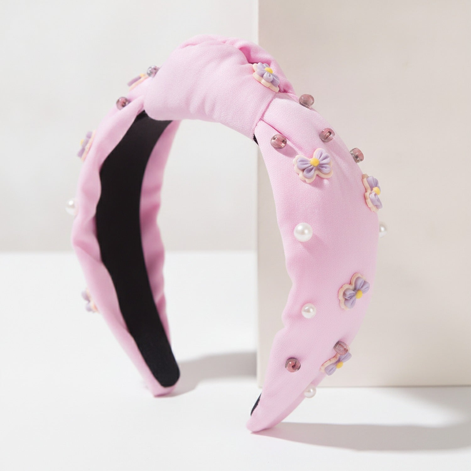 Padded Headband With Floral Beaded Charms - Pink – hair accessories (view 1)