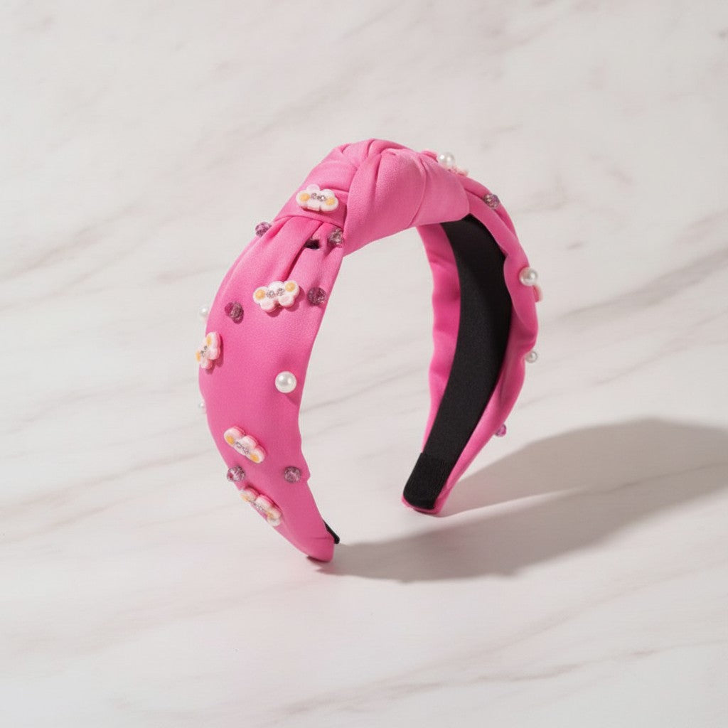 Padded Headband With Floral Beaded Charms - Magenta – hair accessories (view 2)