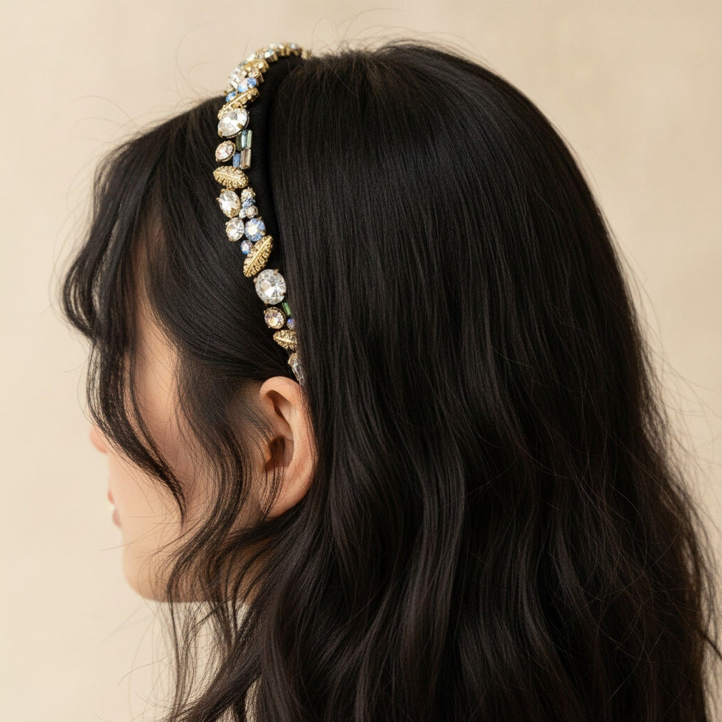 Padded Headband With Rhinestone Embellishments - Black – hair accessories (view 2)