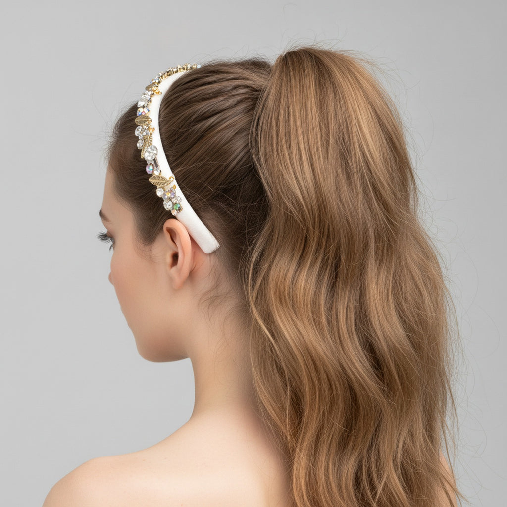 Padded Headband With Rhinestone Embellishments - White