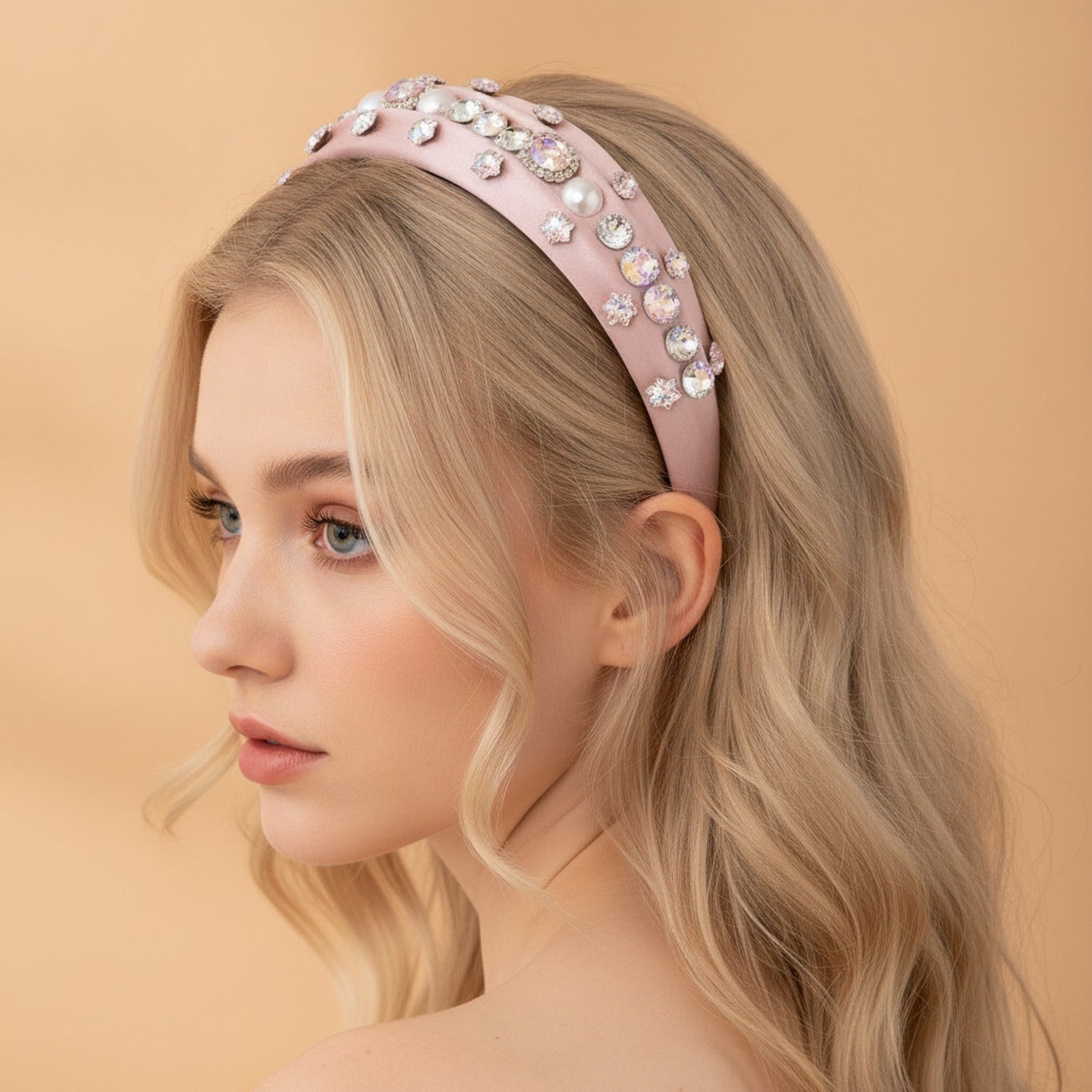 Padded Headband With Rhinestone Embellishments - Pink – hair accessories (view 3)
