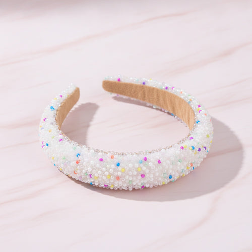 Beaded Pearl Padded Headband - White Colorful