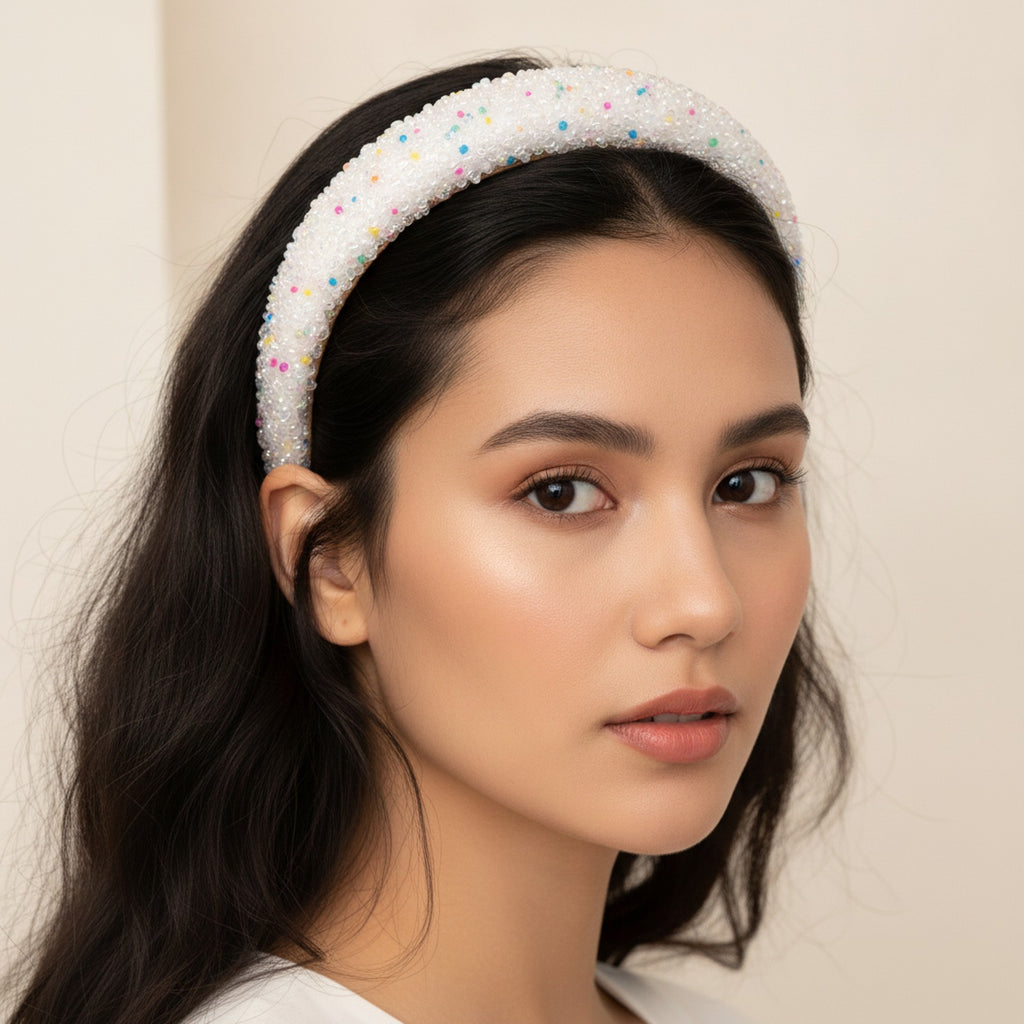 Beaded Pearl Padded Headband - White Colorful