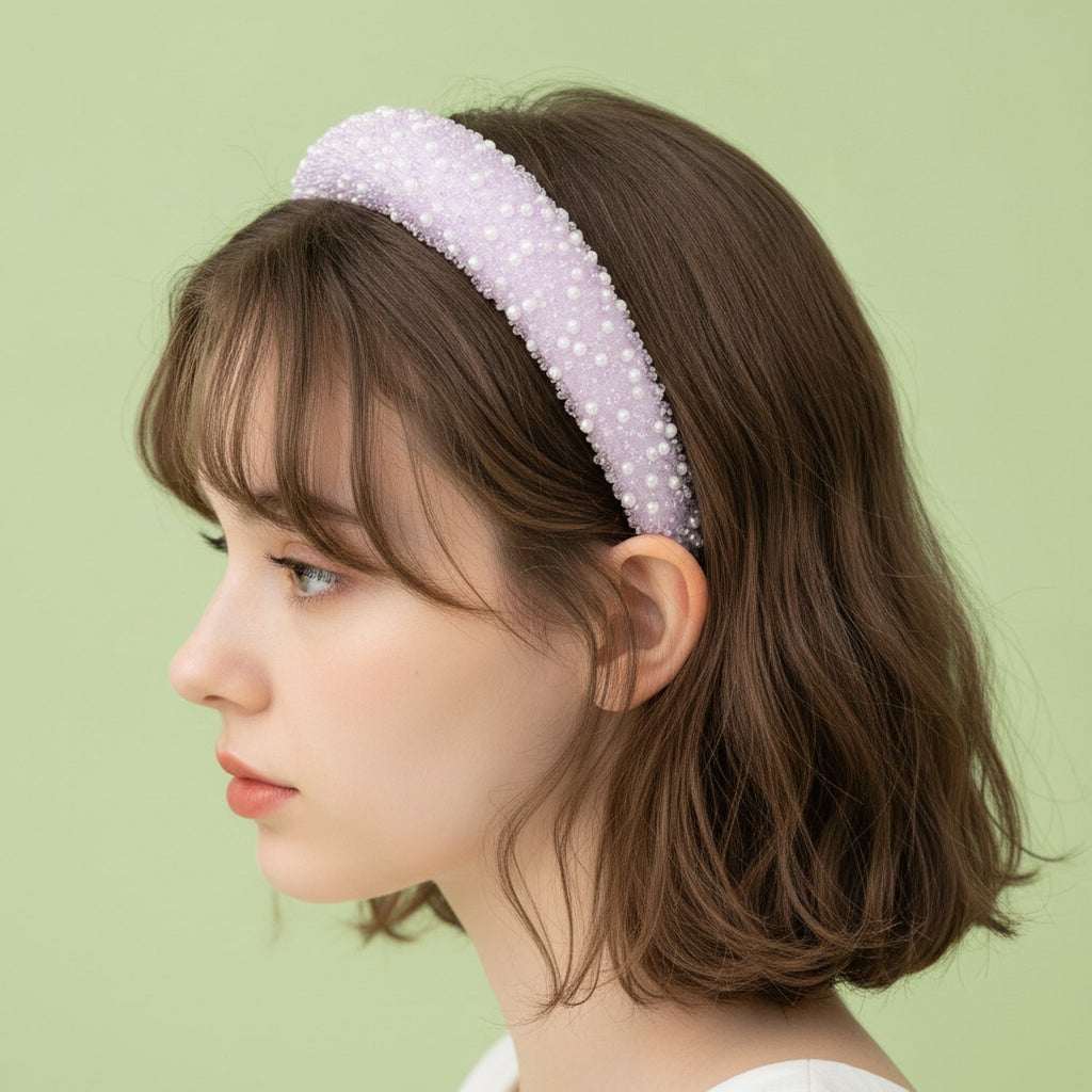 Beaded Pearl Padded Headband - Purple