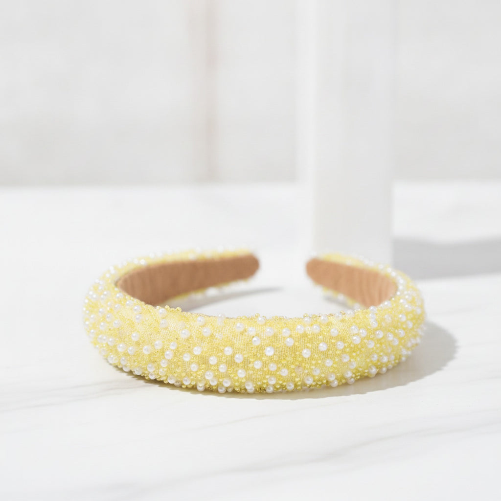 Beaded Pearl Padded Headband - Yellow