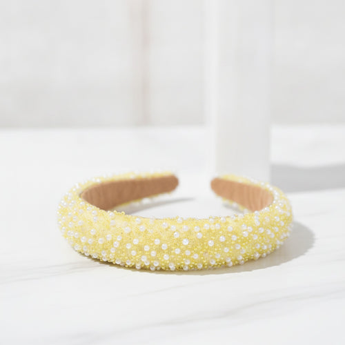 Beaded Pearl Padded Headband - Yellow