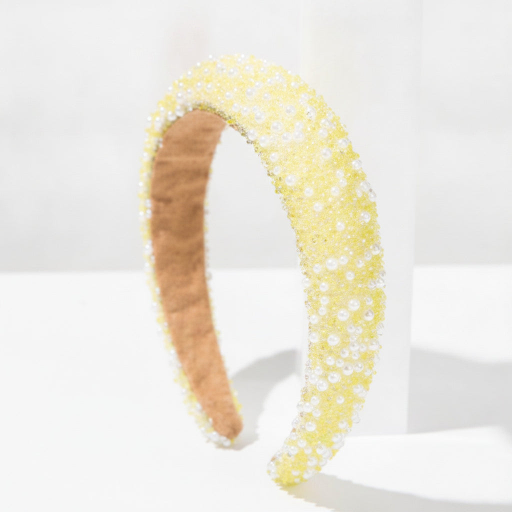 Beaded Pearl Padded Headband - Yellow