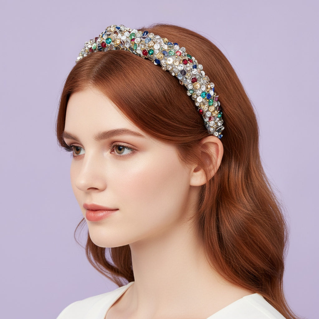 Rhinestone Beaded Padded Headband - Multicolor