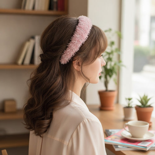 Beaded Headband With Tan Padded Band - Pink – hair accessories (view 2)