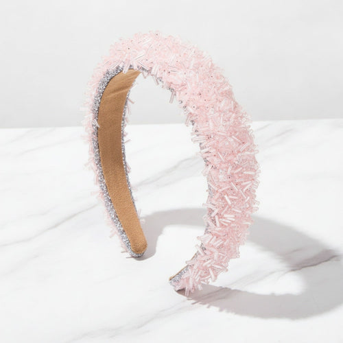 Beaded Headband With Tan Padded Band - Pink
