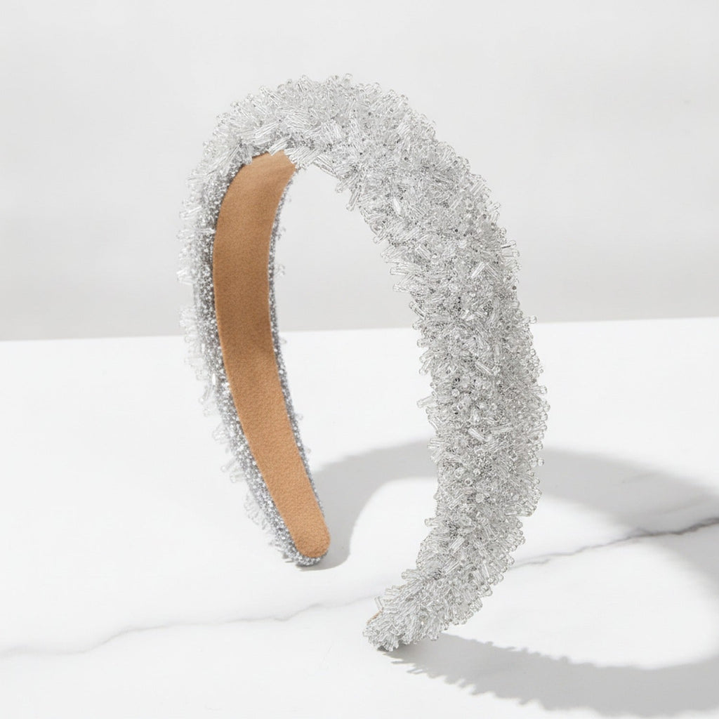 Beaded Headband With Tan Padded Band - White