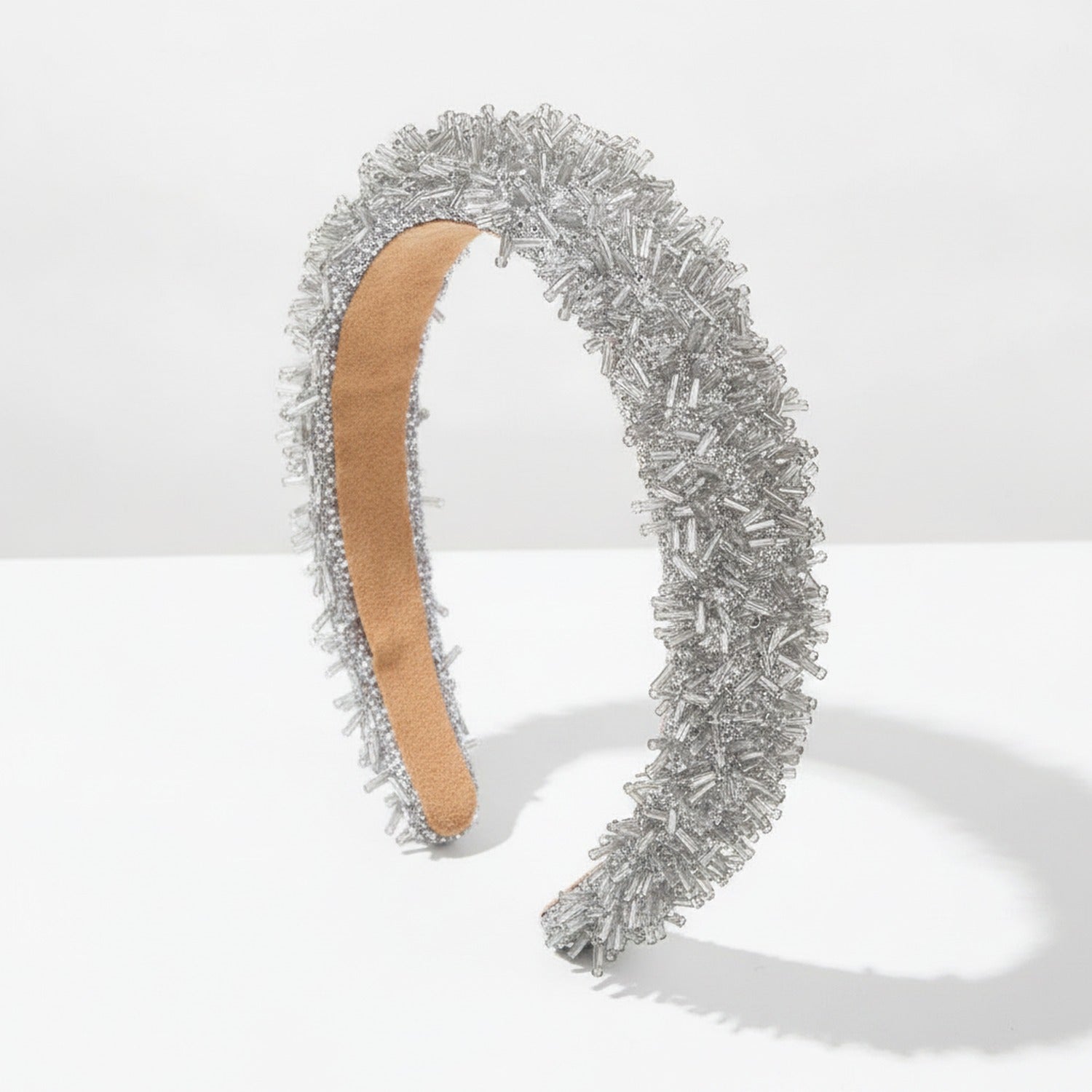 Beaded Headband With Tan Padded Band - White