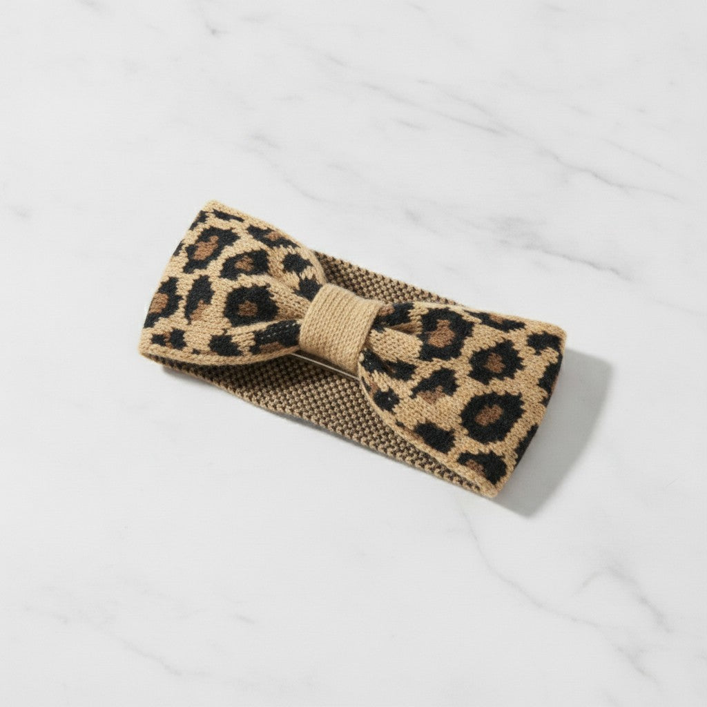 Leopard Print Knit Hair Clip With Ribbon Band