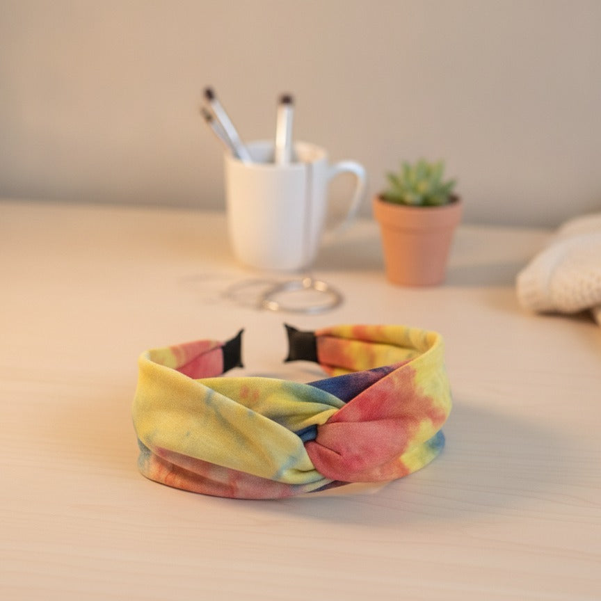 Denim Color Block Twisted Knot Hairband - Orange Mix – hair accessories (view 2)