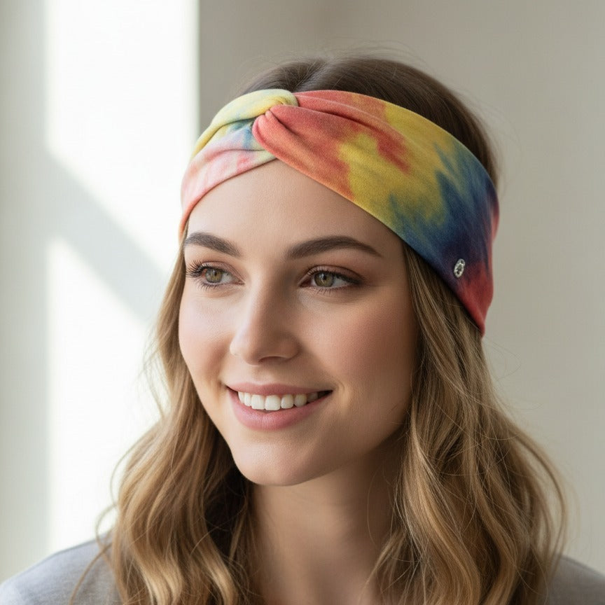 Denim Color Block Twisted Knot Hairband - Orange Mix – hair accessories (view 3)