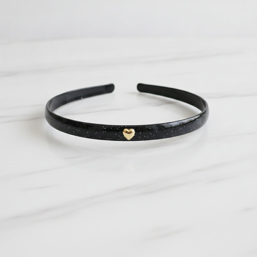 Black Padded Headband With Gold Heart Charm – hair accessories (view 2)