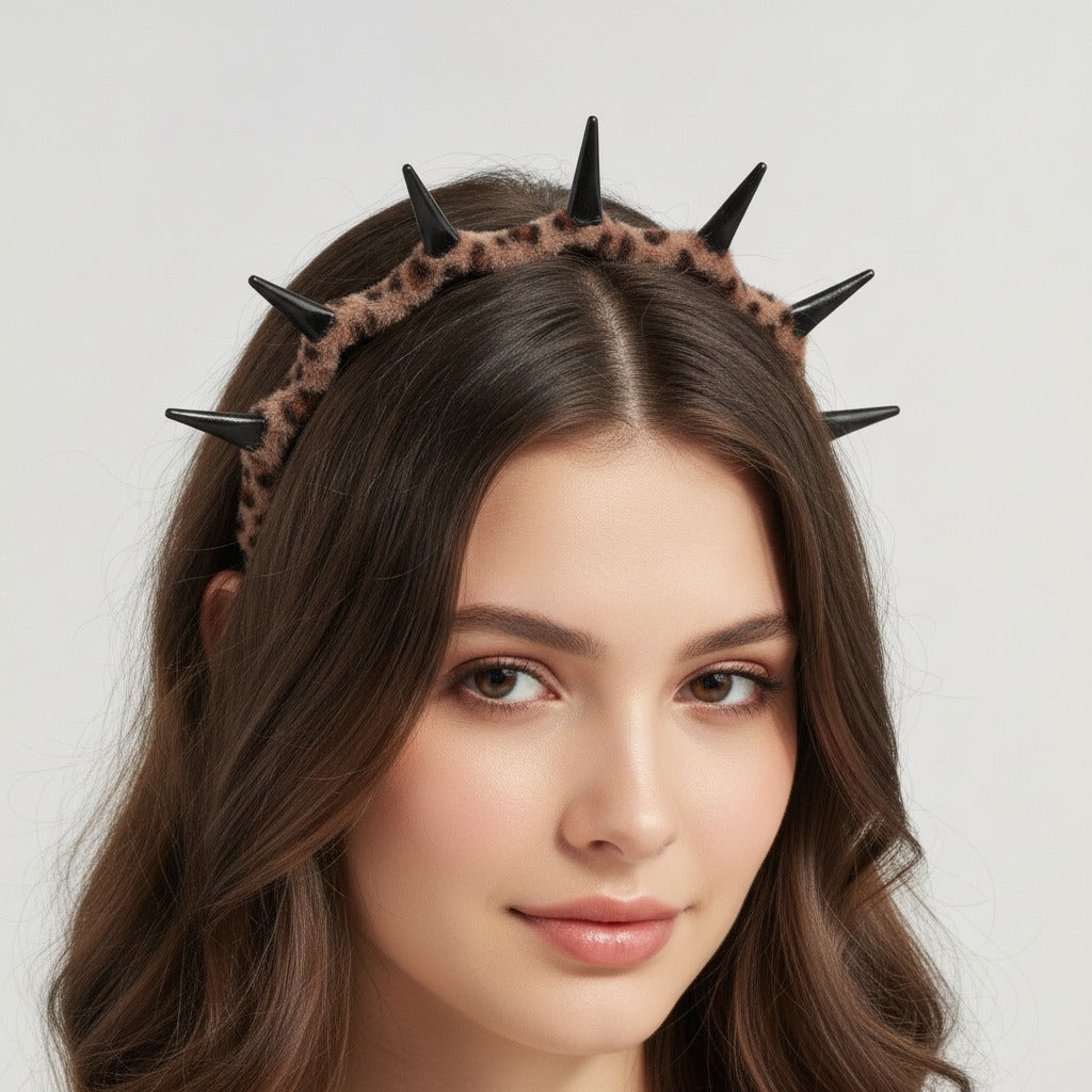 Leopard Print Spike Studded Padded Headband - Deep Leopard Print Hair Headband – hair accessories