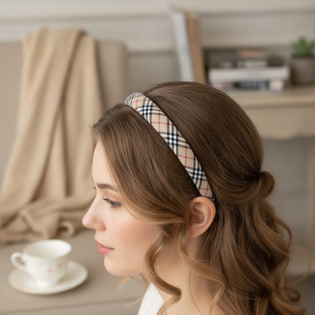 Plaid Twisted Headband With Navy And Pink Stripes