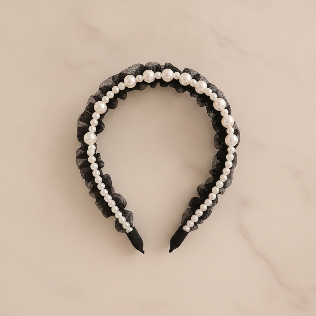Pearl Beaded Ruffle Headband - Black