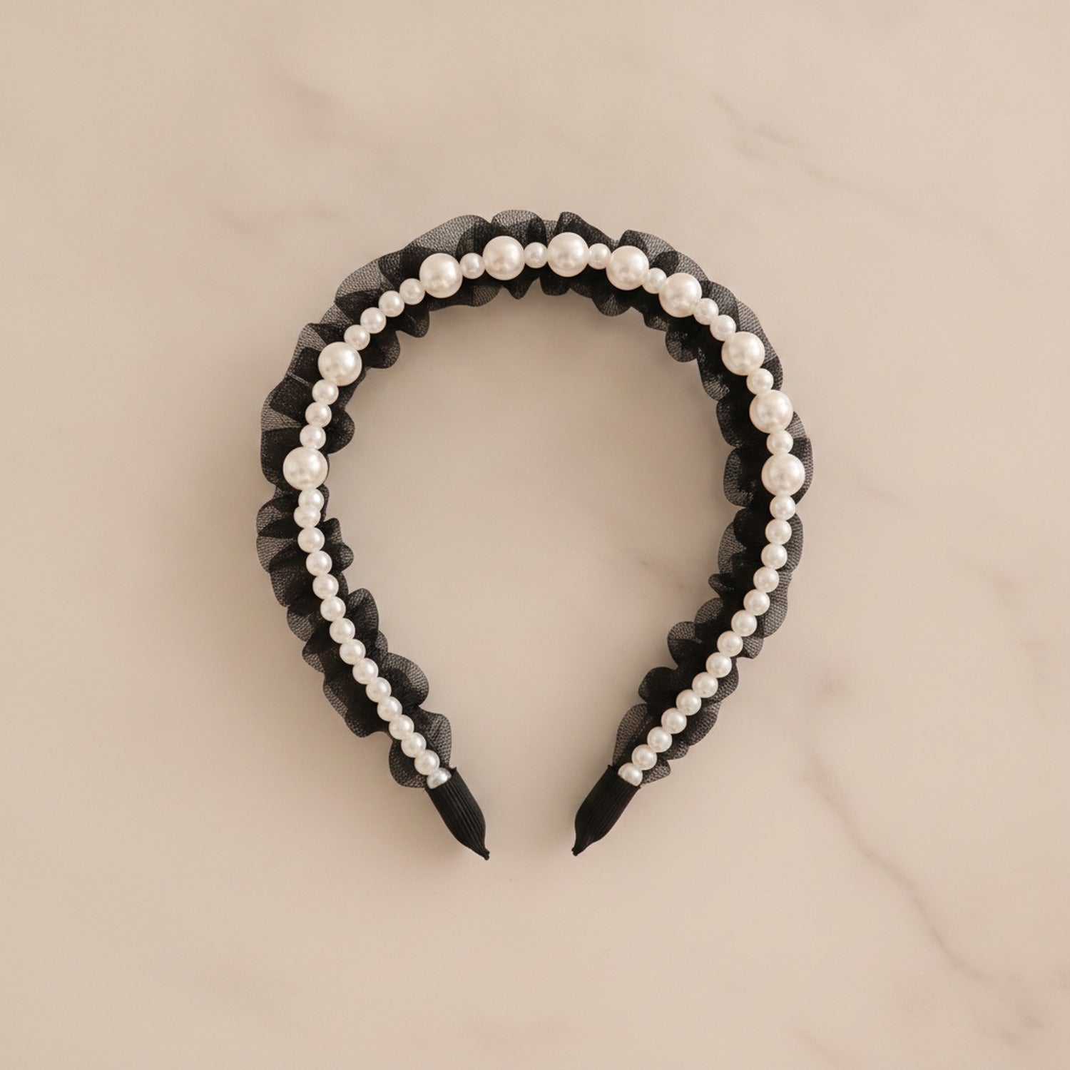 Pearl Beaded Ruffle Headband - Black
